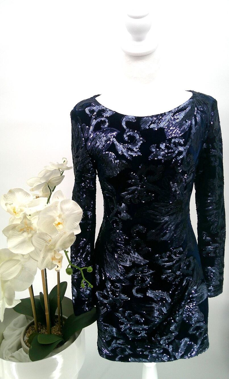 M2 Moshe Apparel Womens Navy Blue Velvet Sequined Overlay Bodycon Dress Medium